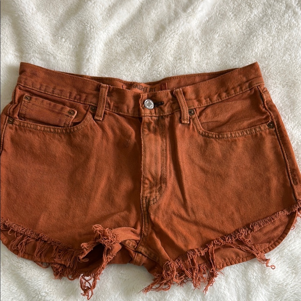 Levi’s Brown Jean Shorts with Frayed Hem and High-Waist